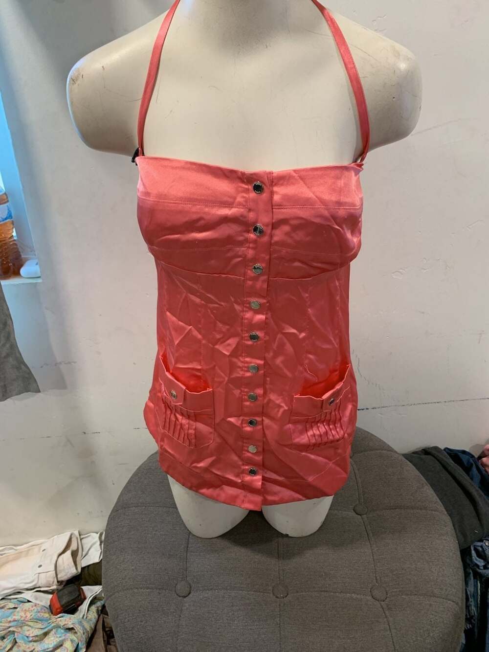 2b bebe Halter Top Size M Pink Satin Button Up Y2K